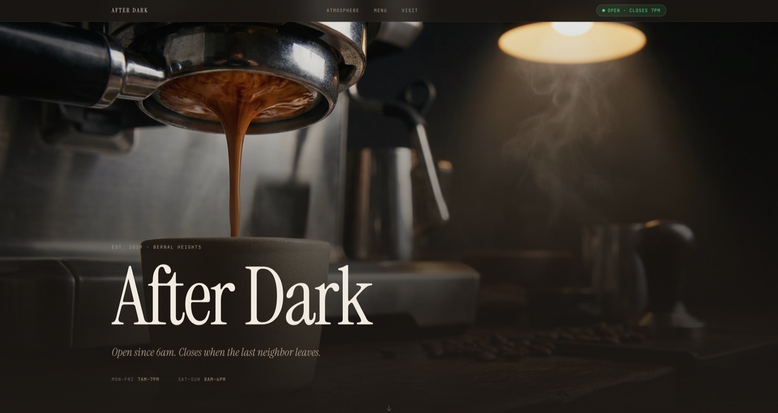 A dark, atmospheric coffee shop website with espresso machine photography, a serif headline reading After Dark, a seasonal menu, and visit information