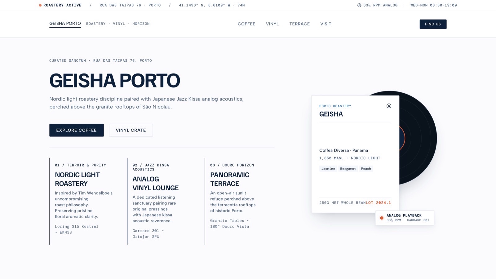 A Swiss editorial style website for a Porto coffee roastery with a coffee product catalog, vinyl record listings, and a rooftop terrace photograph