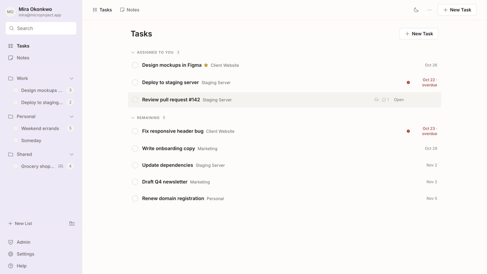 A clean light-theme task management web app with a project sidebar, task lists grouped by assignment, due dates, and overdue indicators