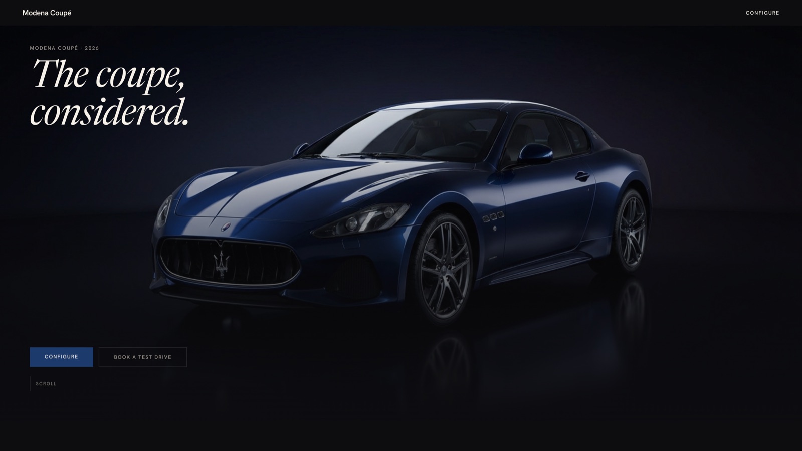 A luxury automotive landing page with a dark blue coupe hero image, serif headline reading The coupe considered, performance statistics, and interior craftsmanship photography